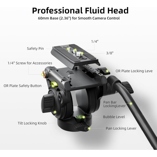 Cayer BV01 Compact Video Tripod, 65" Twin Tube Fluid Head 13.2 Lb